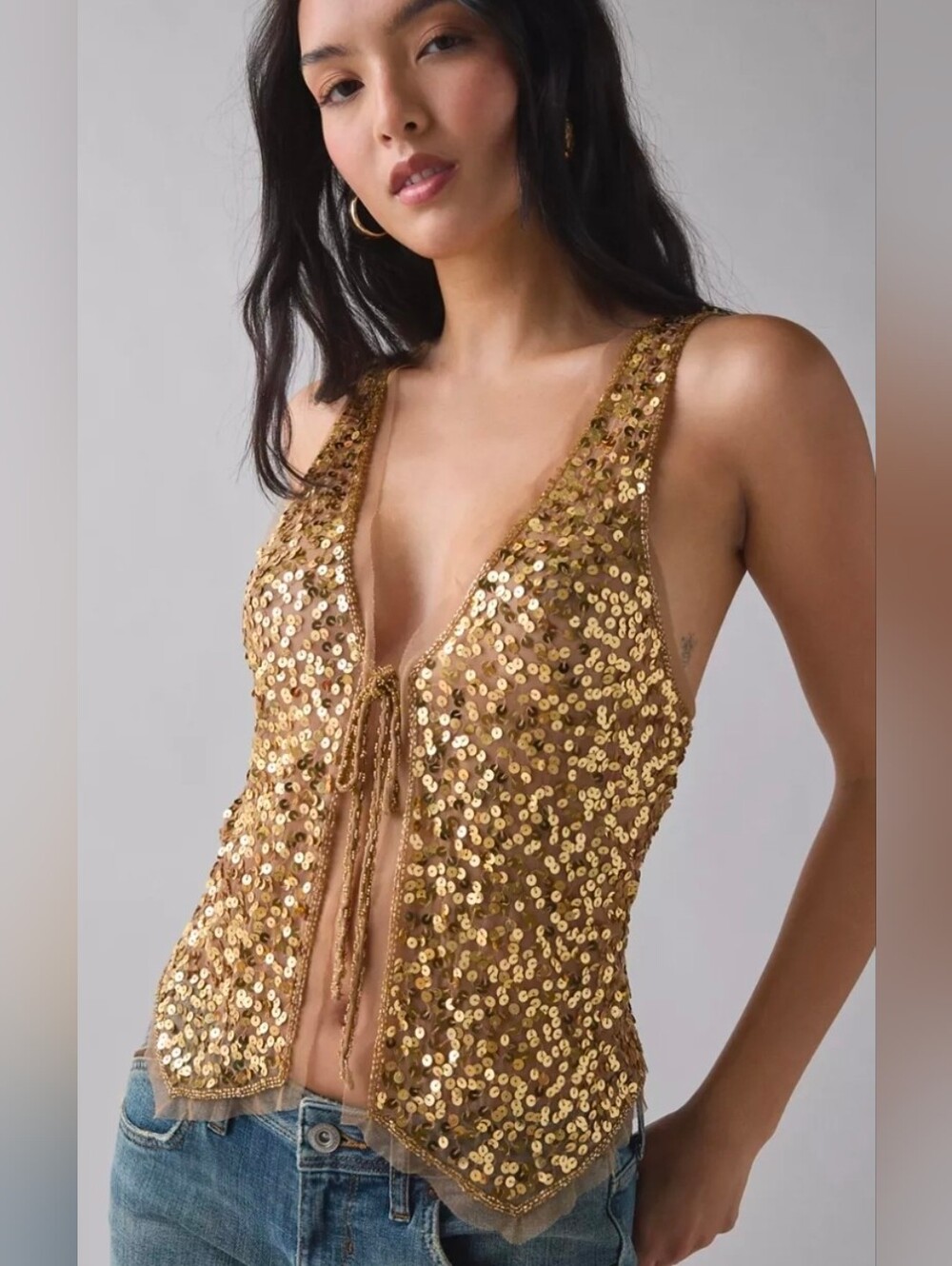 Kimchi Blue Gold Sequin Tie-Front Vest Top